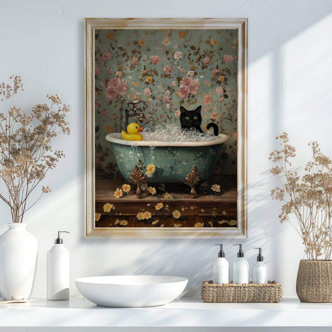 Black Cat and Rubber Duck Bubble Bath Cat Art Print - Image 5
