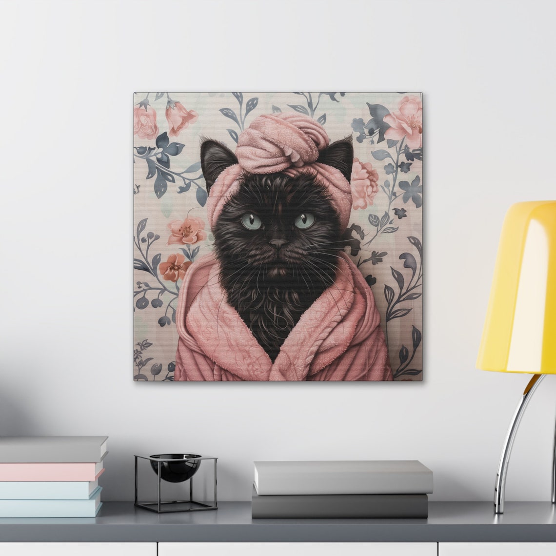 Black Cat In Pink Bathrobe And Towel Turban Bathroom Funny Poster - Image 3