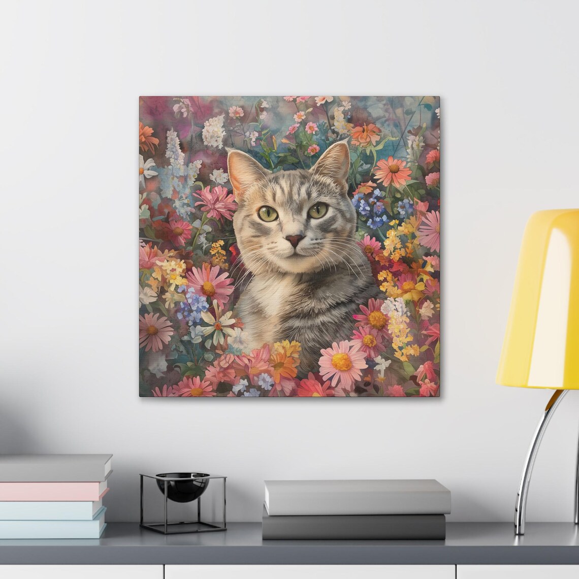 Silver Tabby Cat With Green Eyes Emerging From Colorful Wildflower Blooms Poster - Image 3