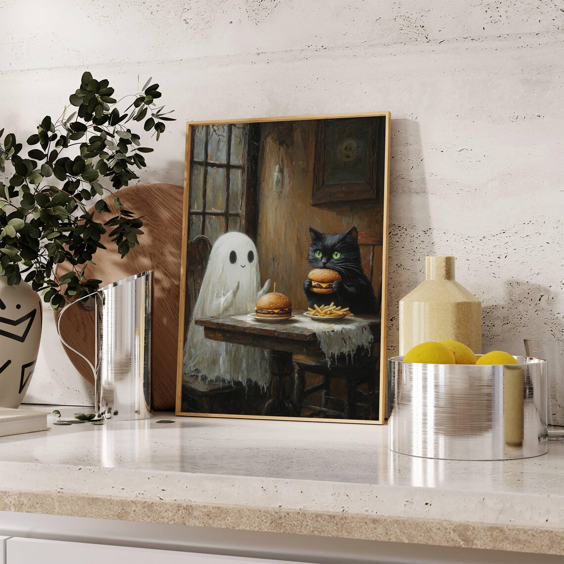Ghost And Black Cat Sharing Burgers And Fries Funny Art Poster - Image 7