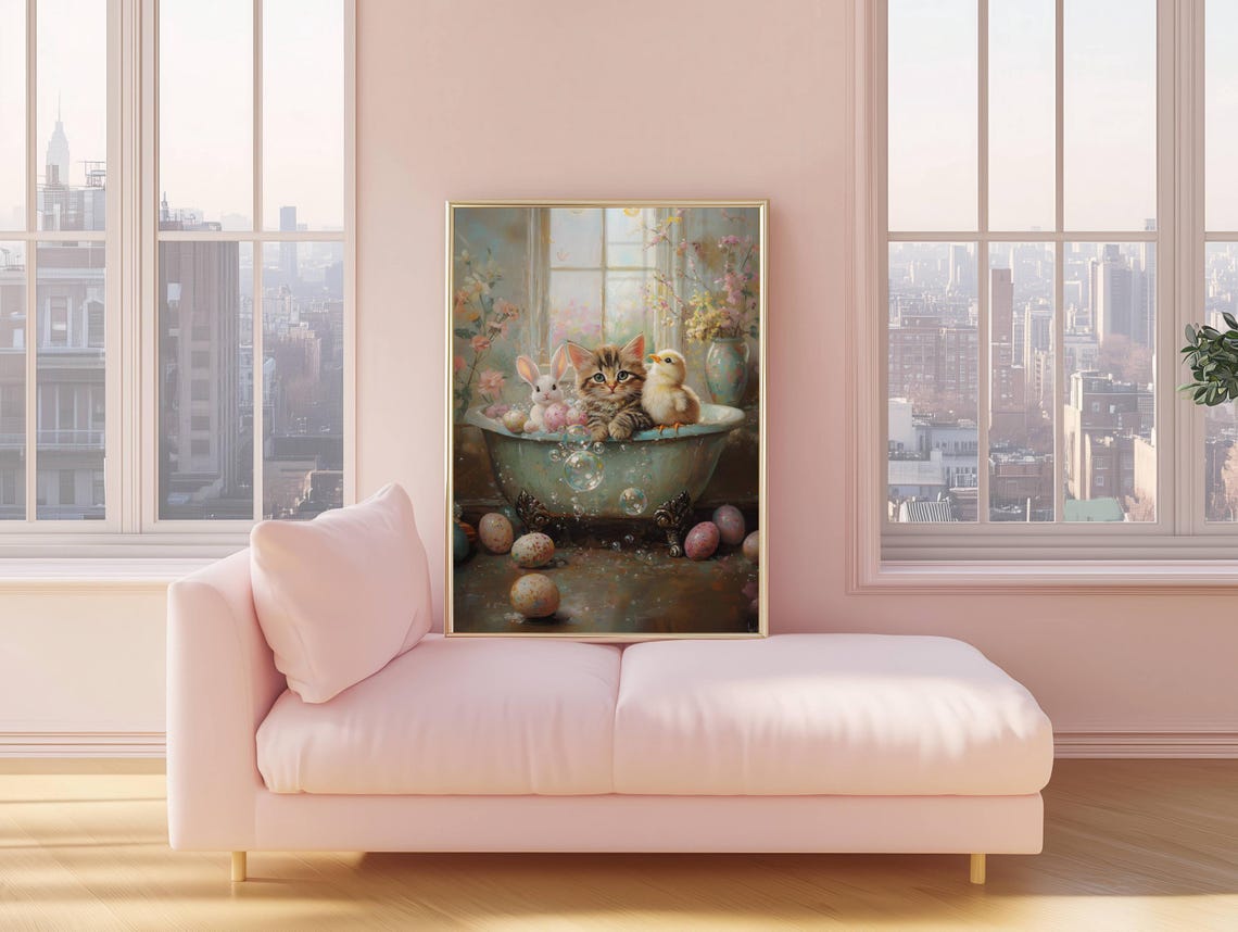Tabby Kitten Bunny and Chick in a Floral Easter Bubble Bath Poster - Image 3
