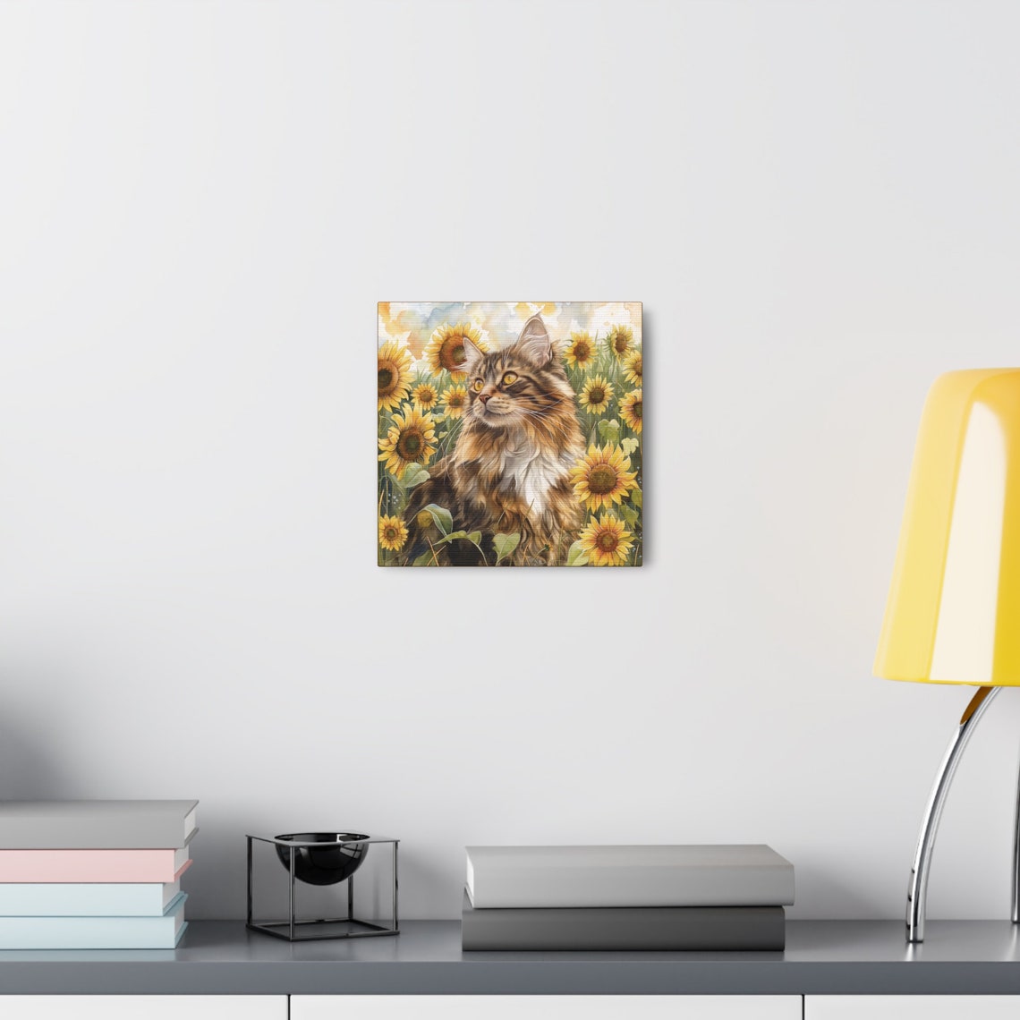 Majestic Long Haired Tabby Cat in a Sunflower Field Watercolor Poster - Image 5