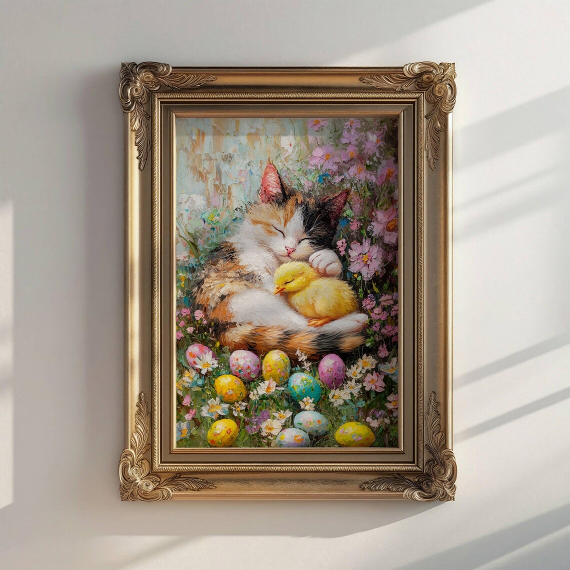 Sleepy Calico Cat Cuddling a Yellow Chick Among Painted Easter Eggs Poster - Image 3