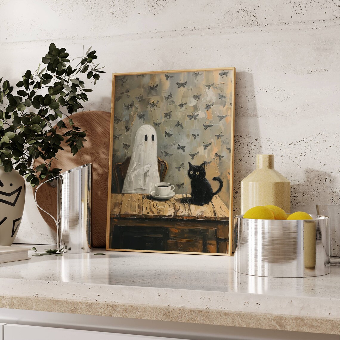 Coffee Time Ghost and Black Cat, Halloween Art Print - Image 7