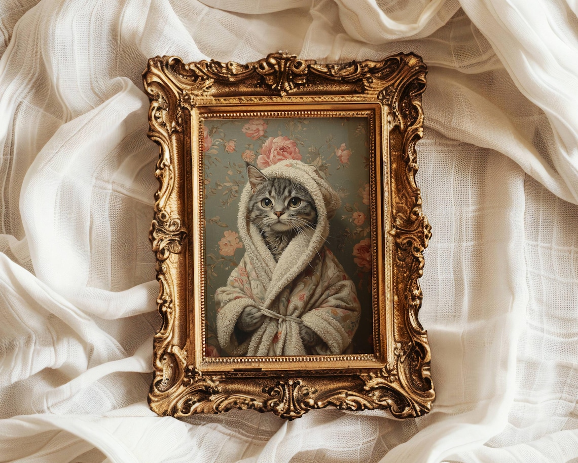 Gray Tabby Cat in Bathrobe, Cute Bathroom Poster Print - Image 5