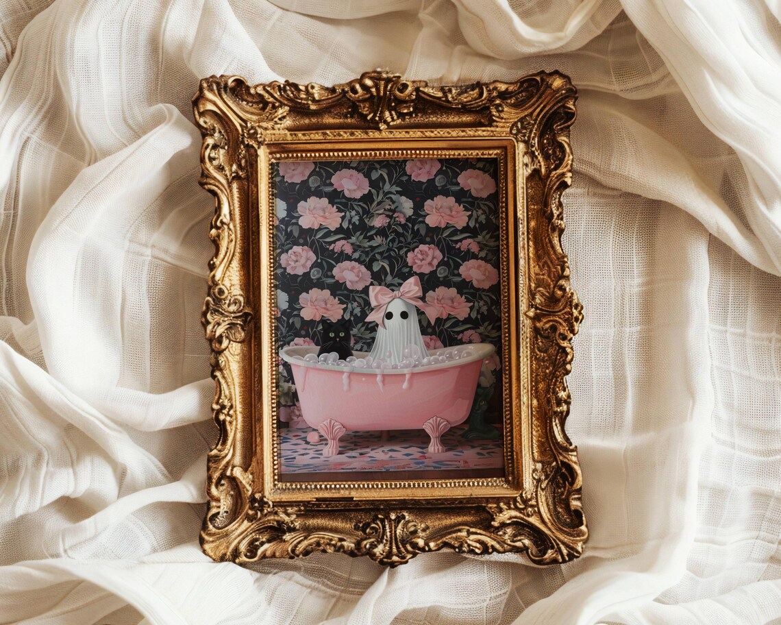 Girl Ghost And Black Cat In Bathtub Art Print - Image 4