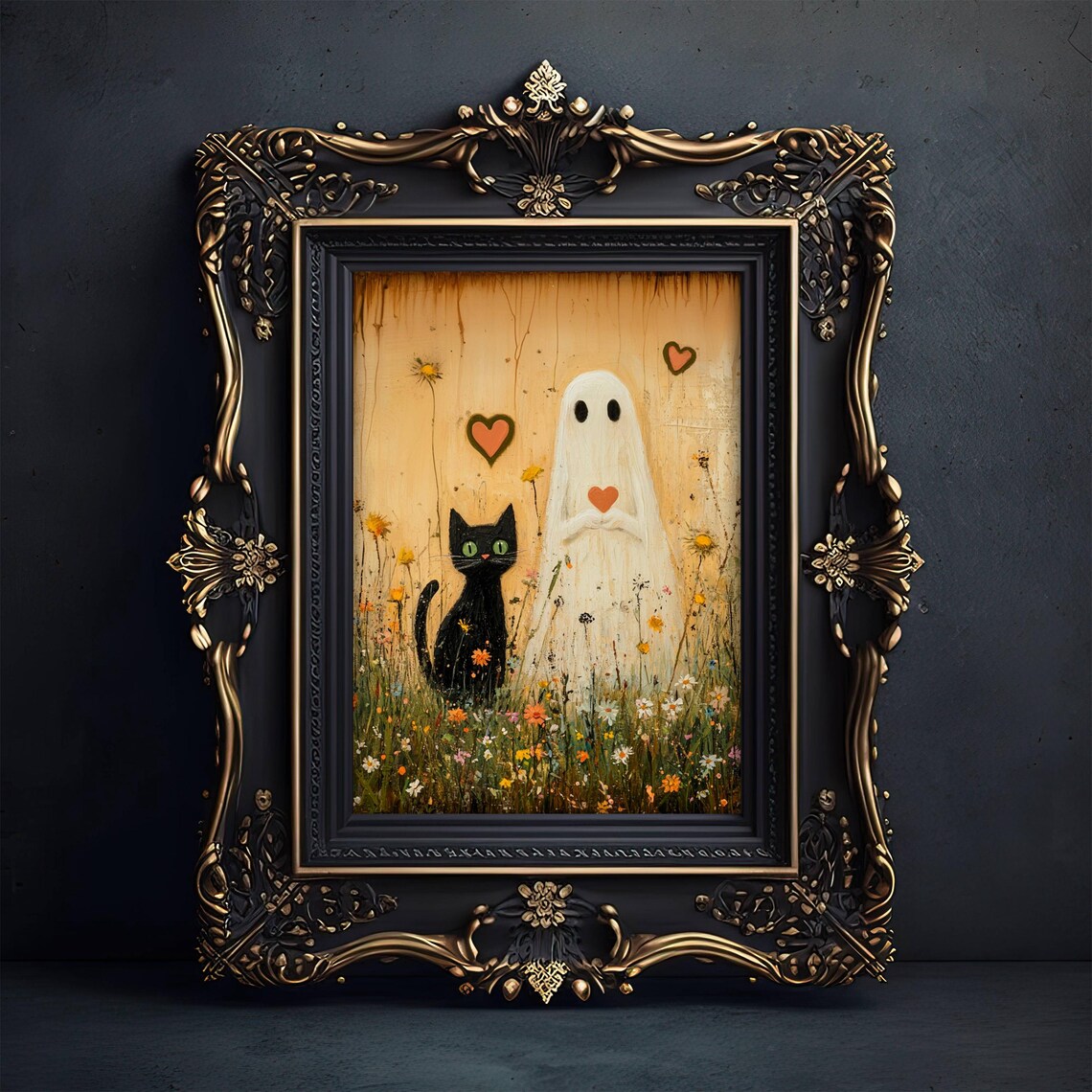 Gentle Ghost Holding a Heart Beside a Black Cat in a Golden Meadow Poster - Image 4