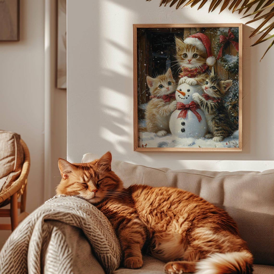 Three Kittens Building A Snowman Christmas Watercolor Poster - Image 4
