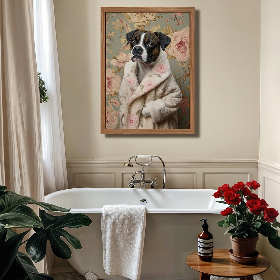 Boxer Dog Wearing a Cozy Floral Bathrobe Funny Dog Portrait Poster - Image 3