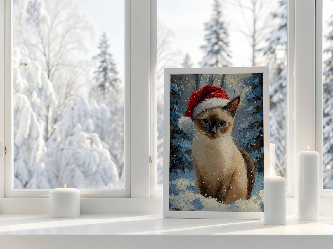 Siamese Kitten In Santa Hat Christmas Art Print - Image 3