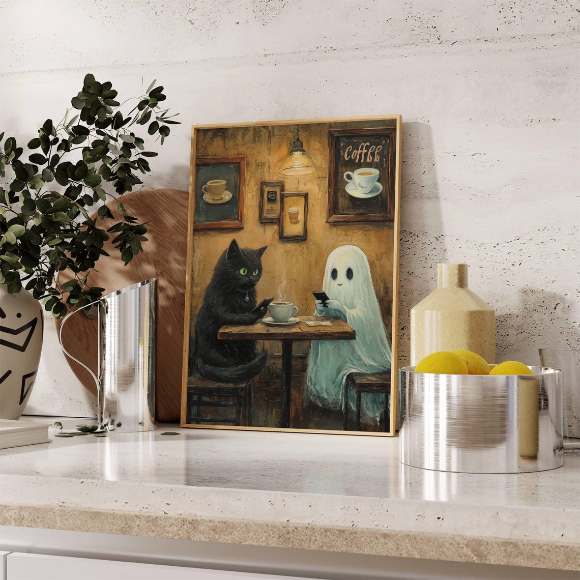 Black Cat and Ghost on Phones Over Coffee at a Cozy Cafe Poster - Image 5