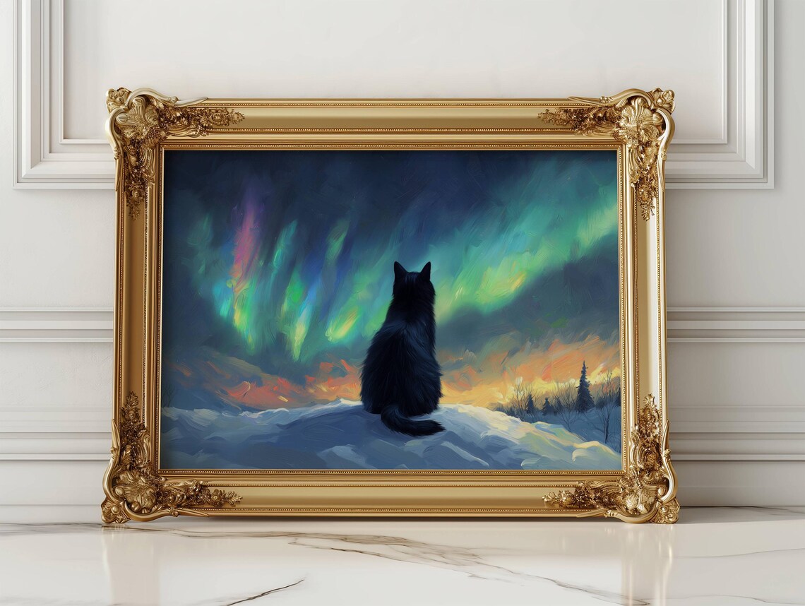 Black Cat and Aurora Borealis, Nature Art Print - Image 2