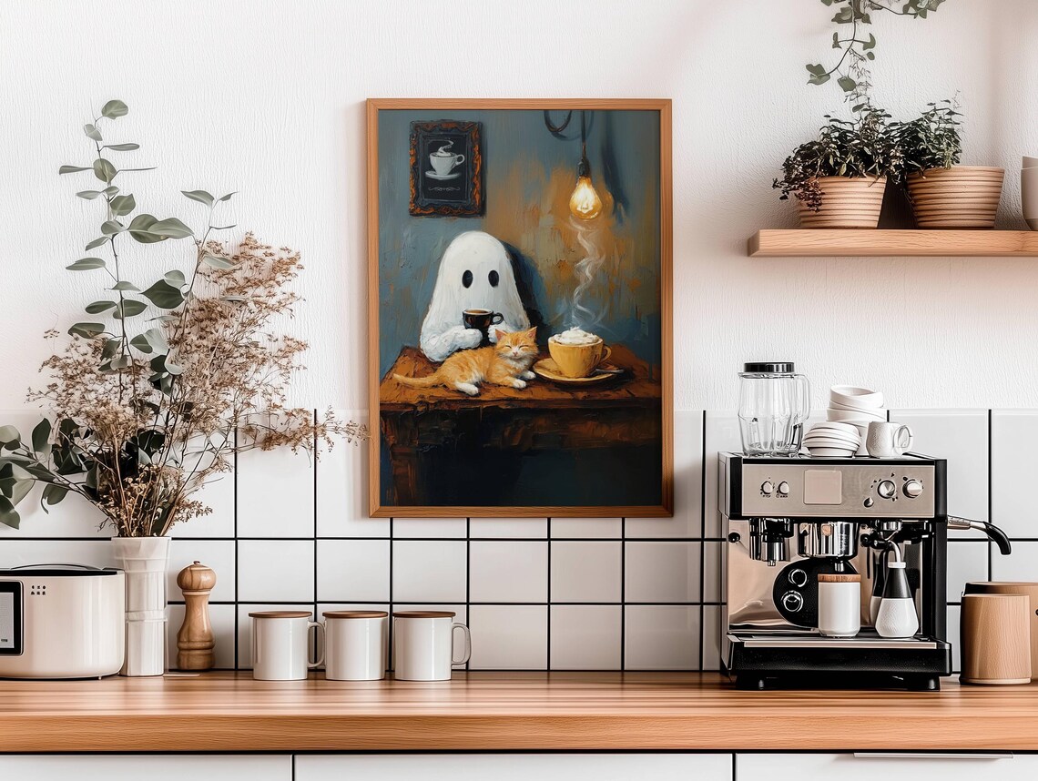 Ghost And Cat Coffee Break, Whimsigoth Kitchen Art Print - Image 3