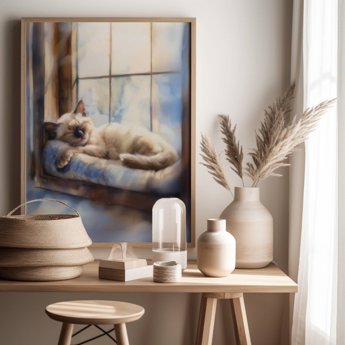 Sleeping Siamese Kitten In A Sunlit Window Watercolor Poster - Image 3