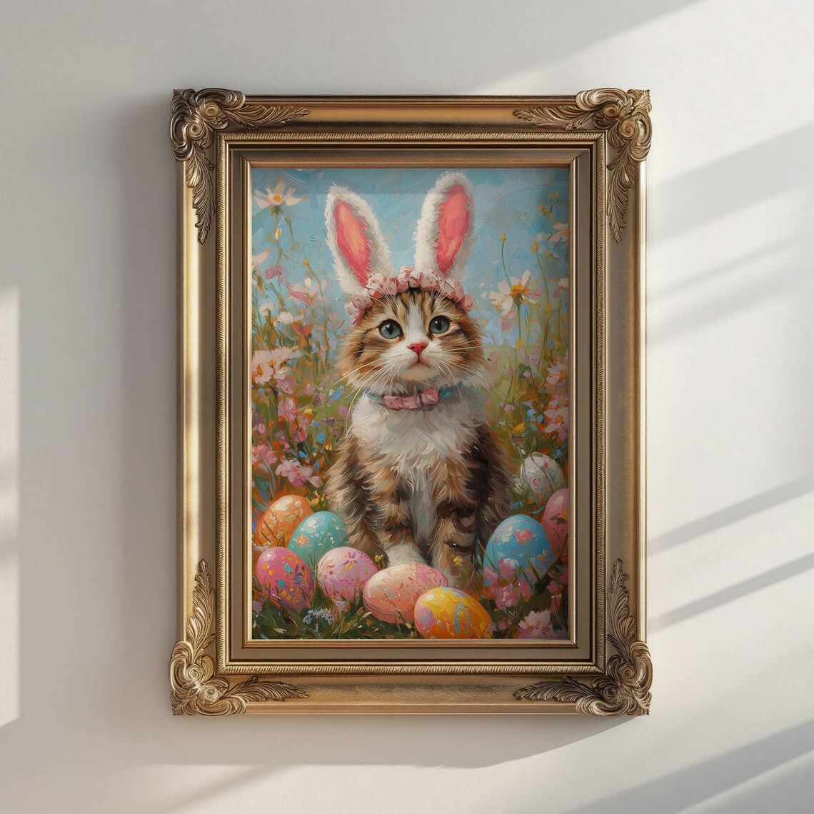 Cat With Bunny Ears Easter Floral Cat Art Print