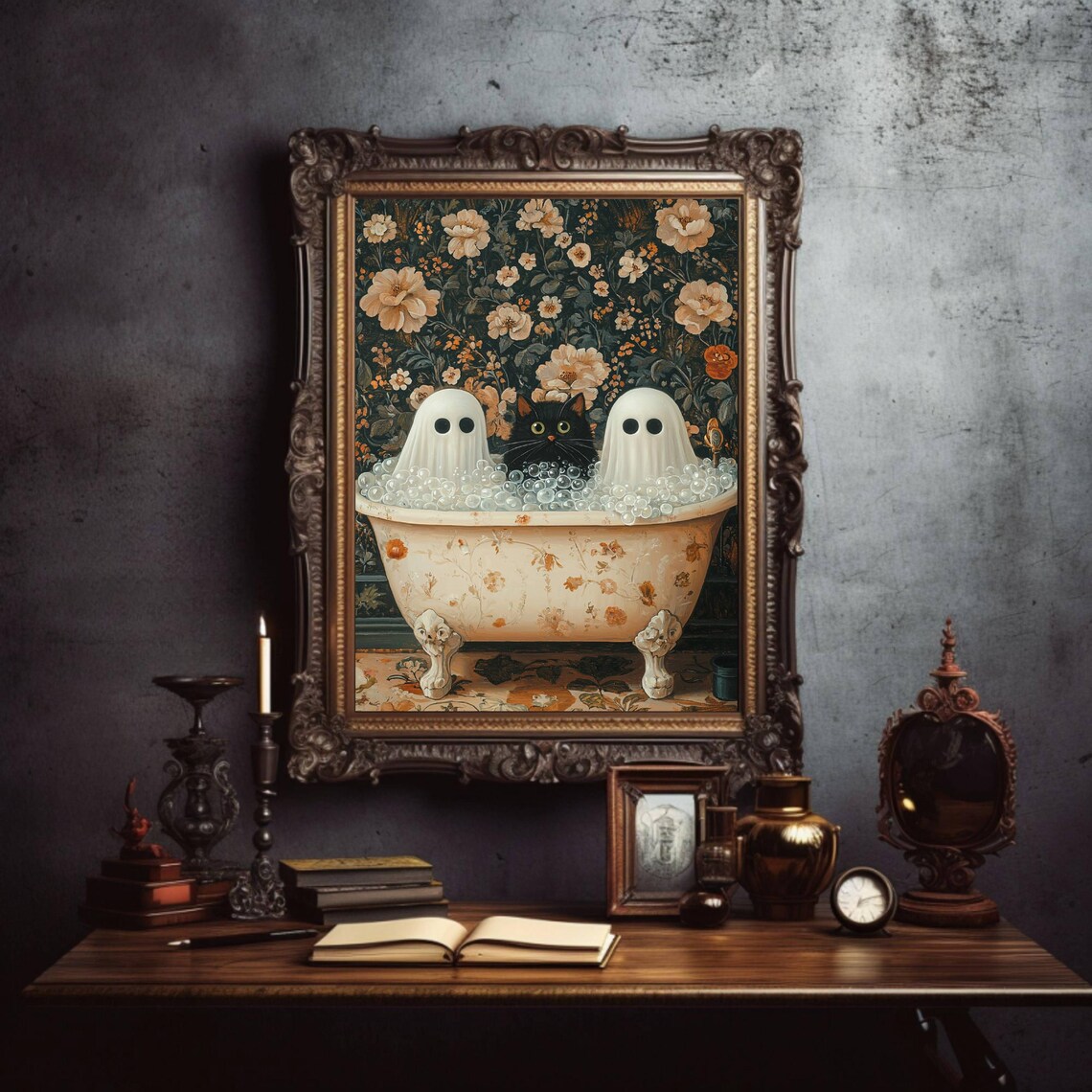 Ghosts And Cat in Bathtub, Halloween Art Print - Image 5