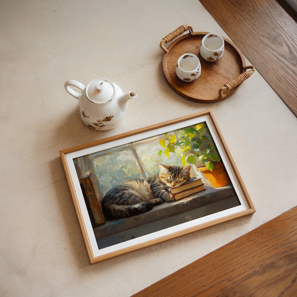 Tabby Cat Sleeping on Books, Bookish Art Print - Image 4