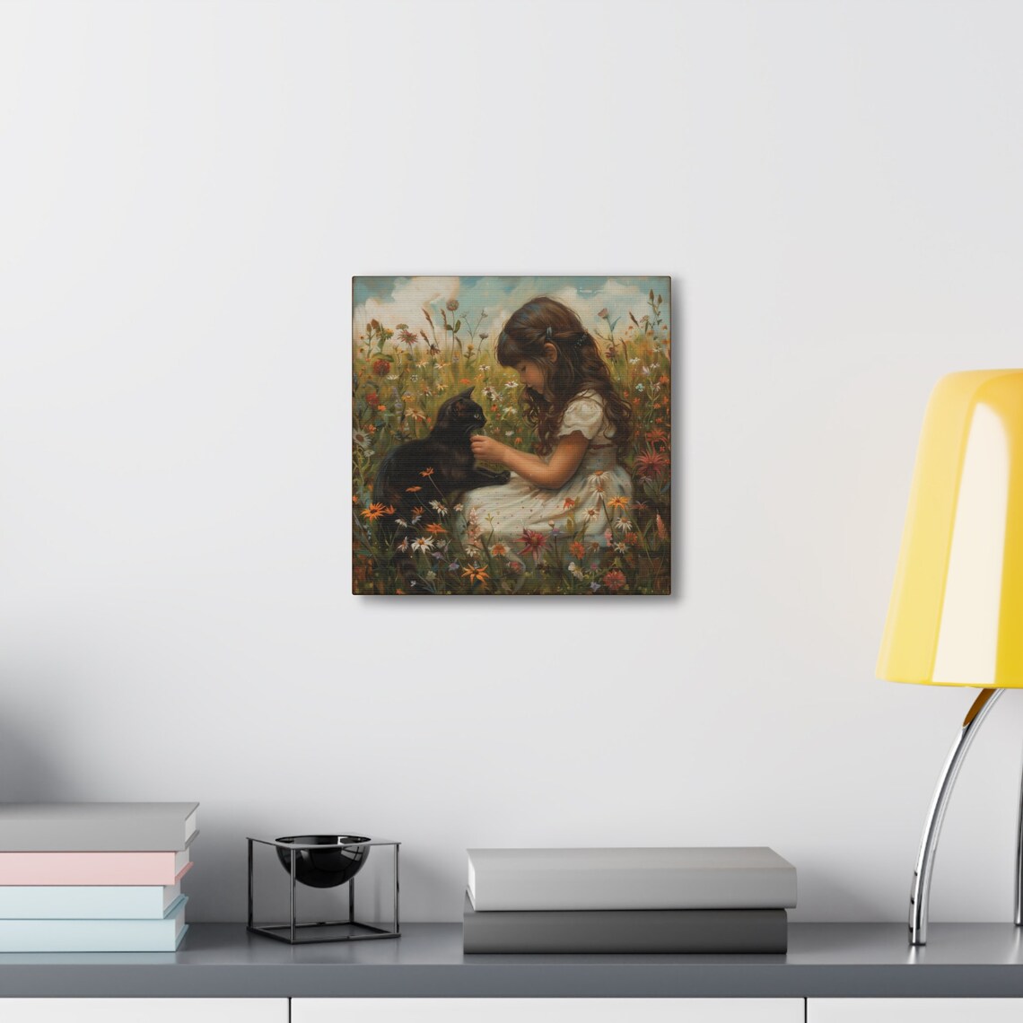 Little Girl and Black Cat in Wildflower Meadow Oil Painting Poster - Image 6