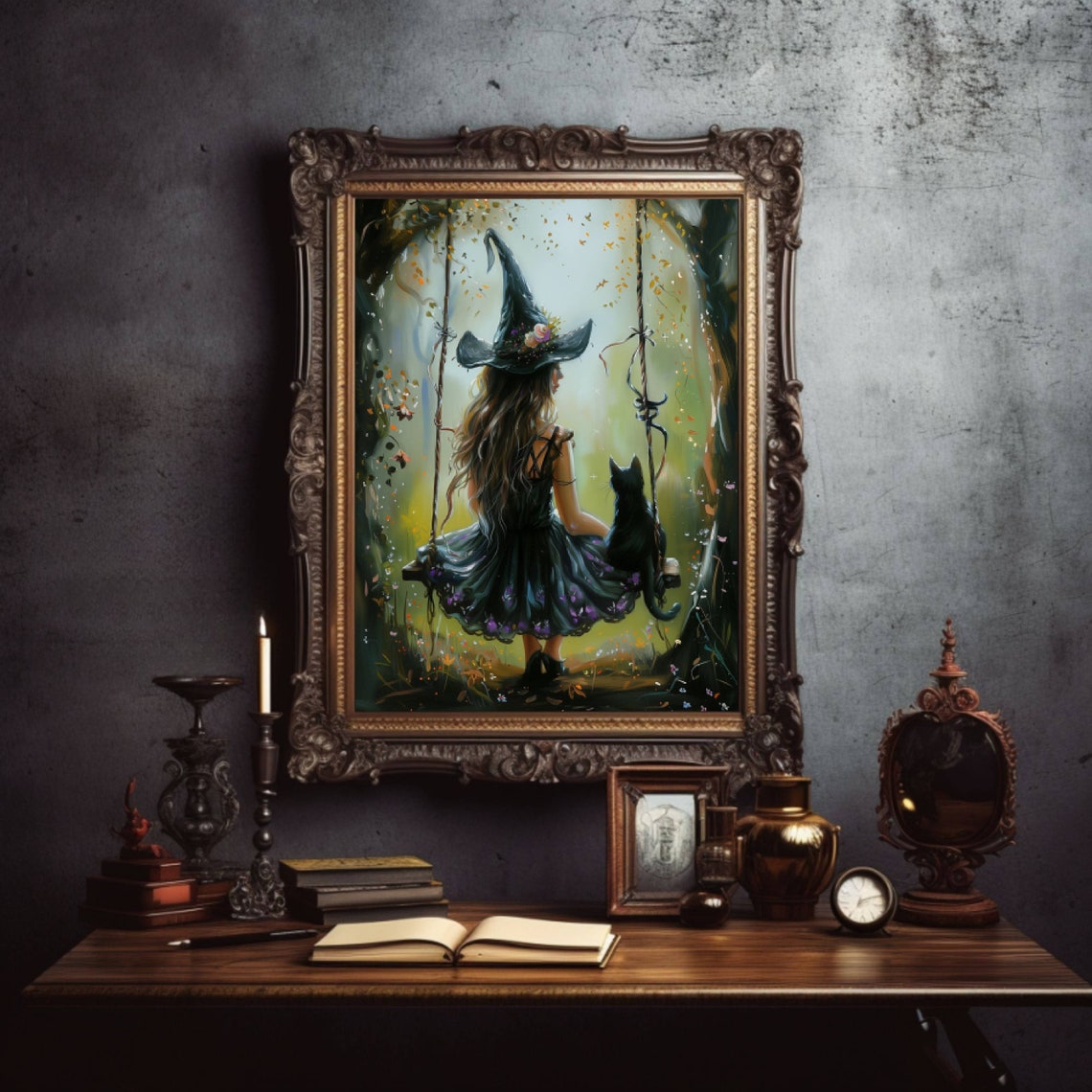 Witch On A Garden Swing With Black Cat Seen From Behind Poster - Image 3