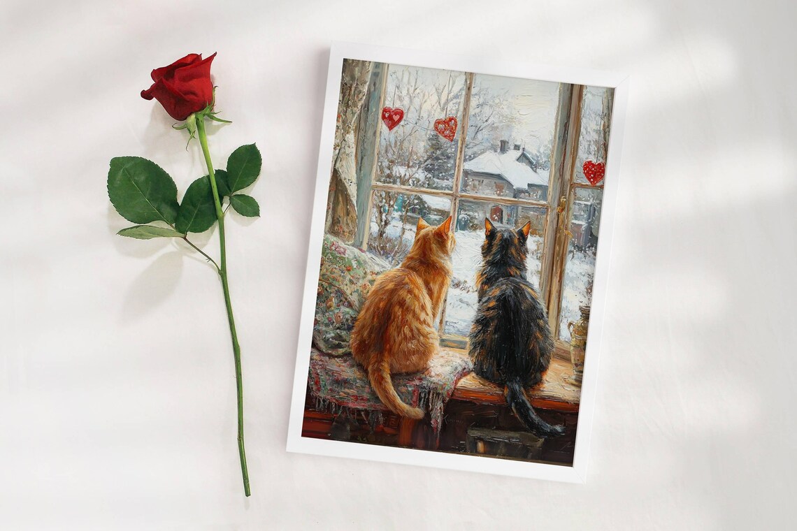 Orange Tabby and Tortie Cat Valentine Art Print - Image 6