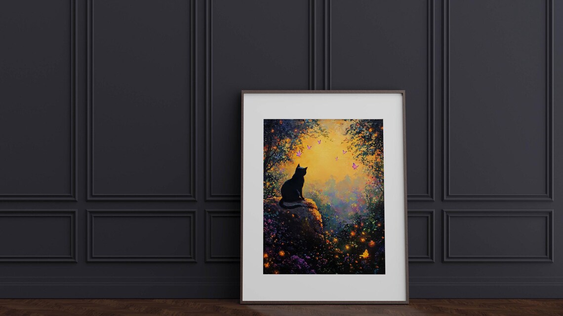 Black Cat Silhouette on a Rock in a Glowing Golden Sunset Forest Scene Poster - Image 2