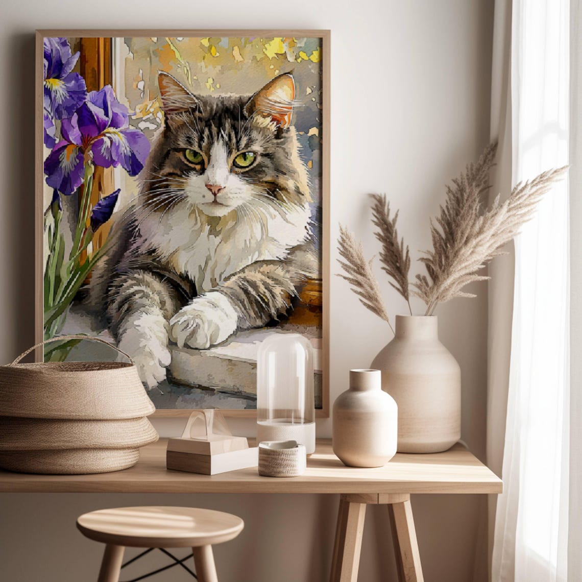 Fluffy Tabby Cat Beside Purple Irises by Window Watercolor Poster - Image 3