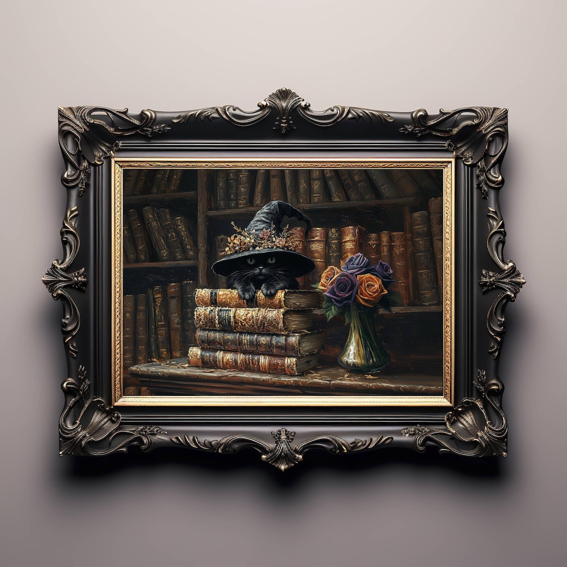 Black Kitten Witch Hat Library Poster, Dark Academia