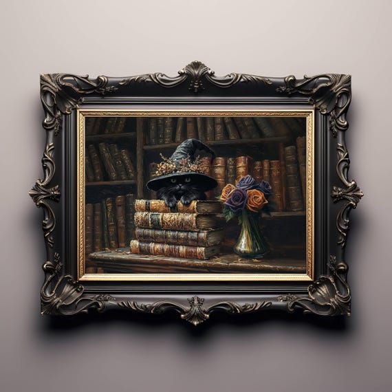 Black Kitten Witch Hat Library Poster, Dark Academia