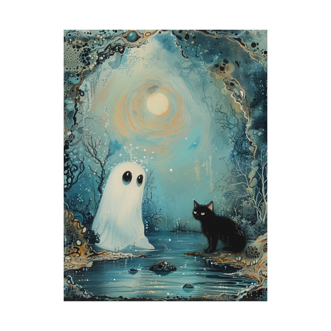 Ghost and Black Cat Halloween Poster, Whimsigoth - Image 2