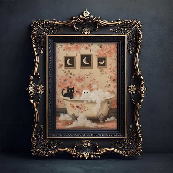 Cute Ghost and Black Cat Sharing a Floral Bubble Bath Halloween Poster