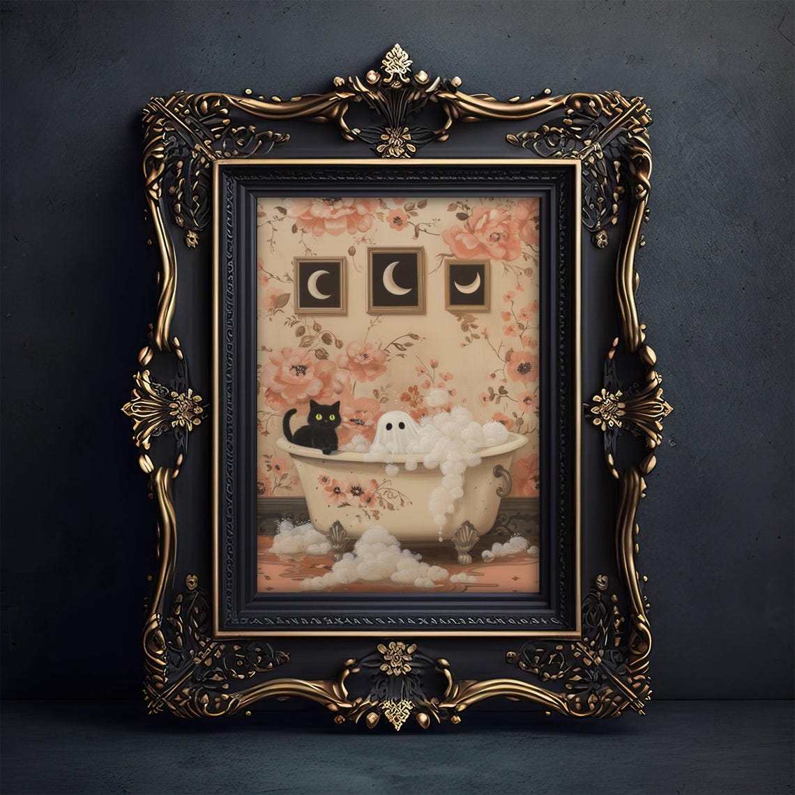 Cute Ghost and Black Cat Sharing a Floral Bubble Bath Halloween Poster