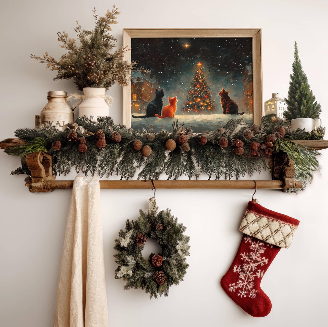 Cats And Christmas Tree, Impressionist Holiday Art Print - Image 4