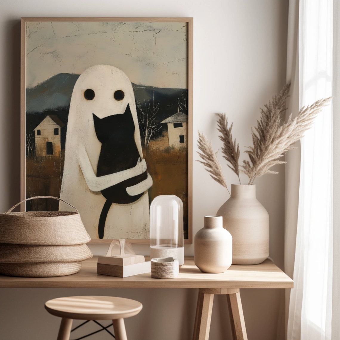 A Friendly Ghost Hugging A Black Cat In A Country Folk Art Poster - Image 7
