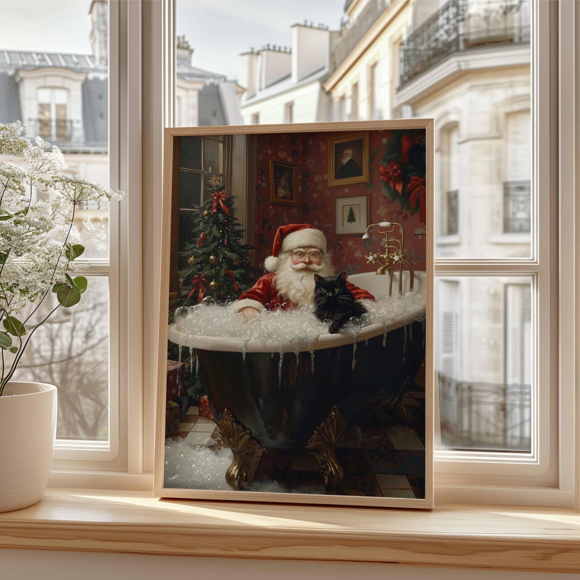 Santa Claus Taking a Bubble Bath With a Black Cat Christmas Poster - Image 5