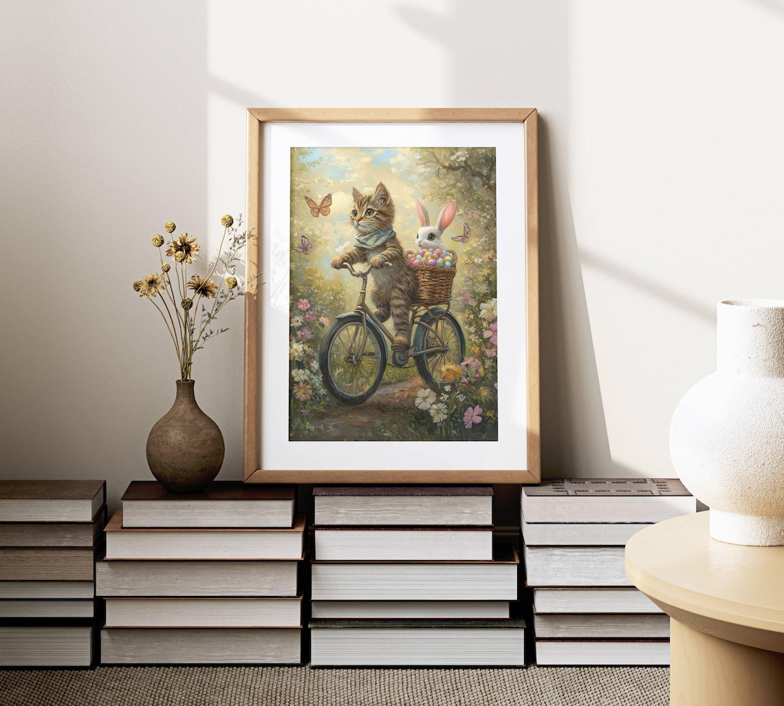 Tabby Cat and Bunny Easter Bike Ride, Floral Poster - Image 2