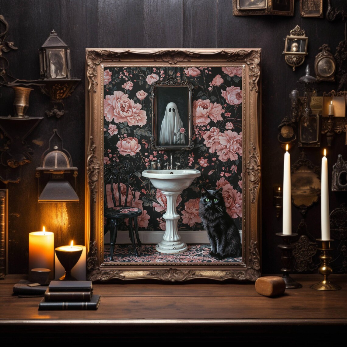 Ghost And Cat In Bathroom, Whimsigoth Halloween Poster Print - Image 5