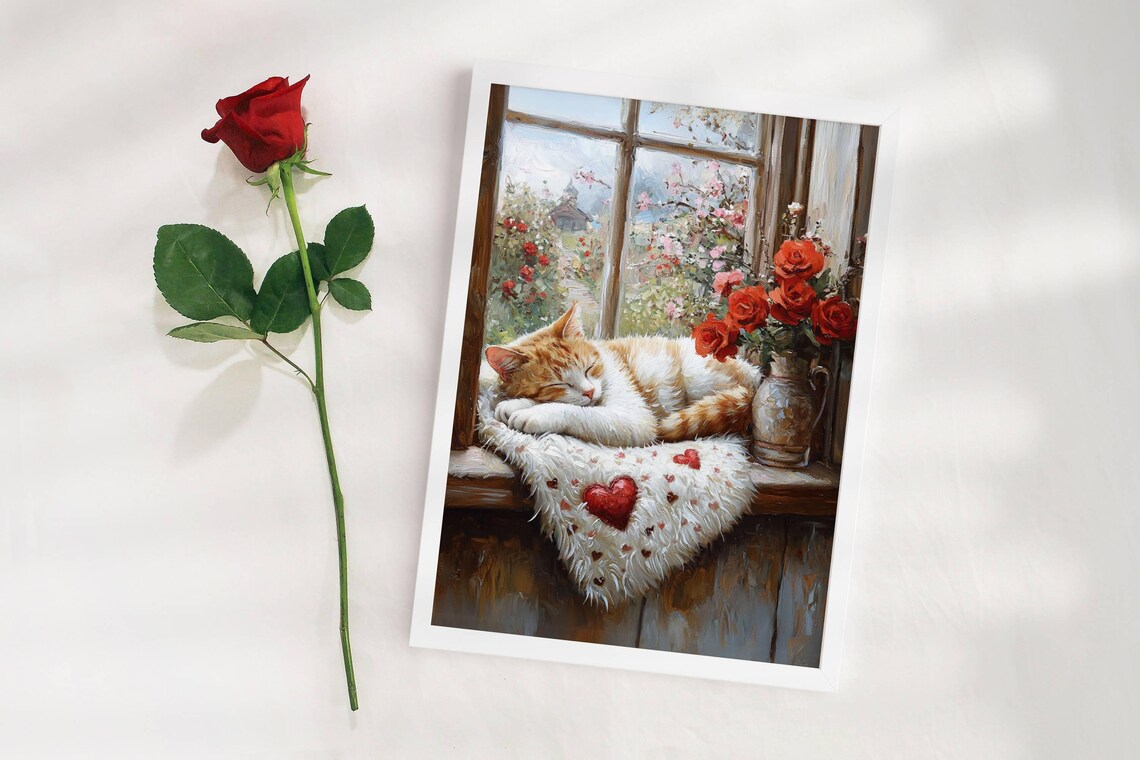Tabby Cat Valentines Day Floral Wall Art Print - Image 5