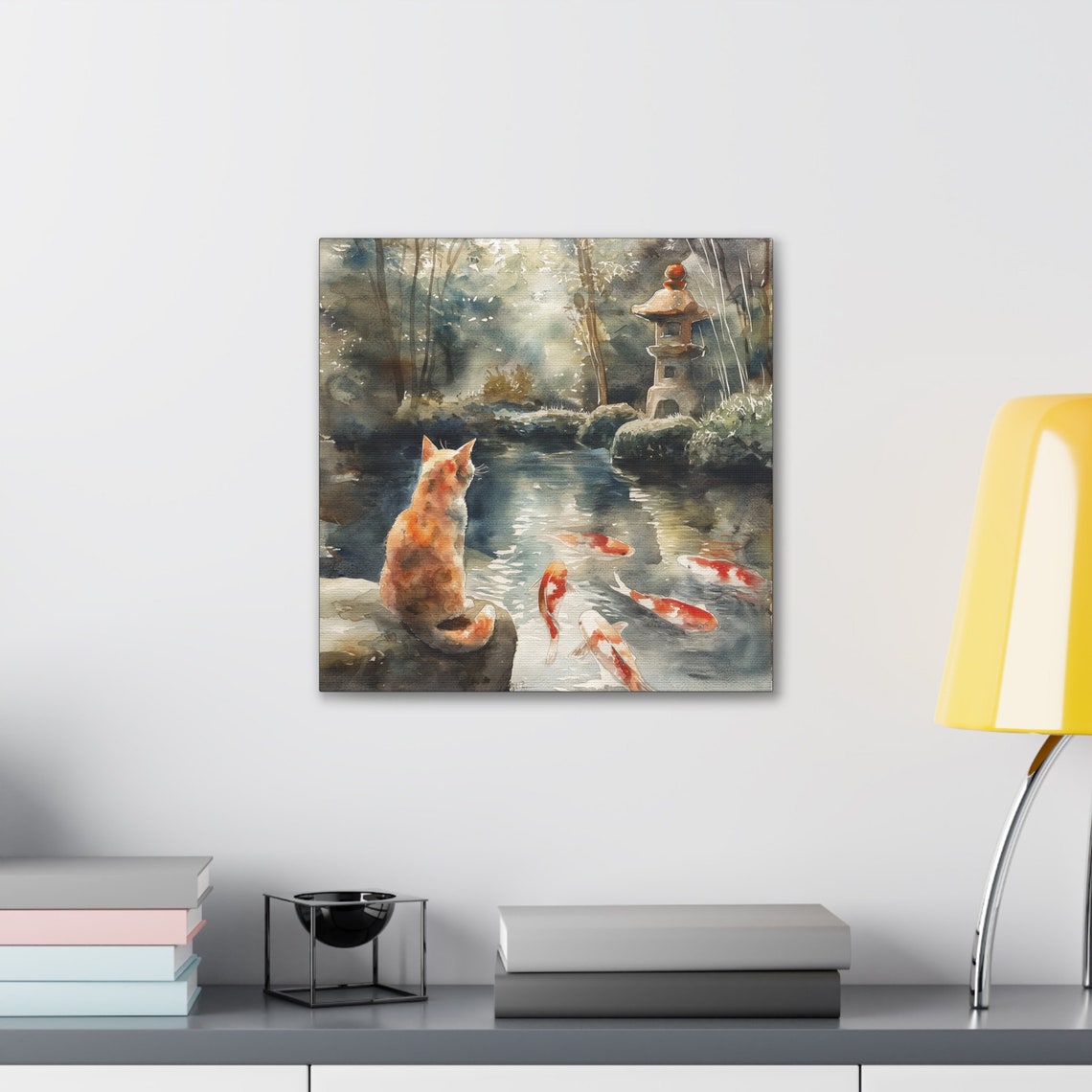Ginger Cat Sitting by a Japanese Koi Pond with a Stone Lantern Poster - Image 3