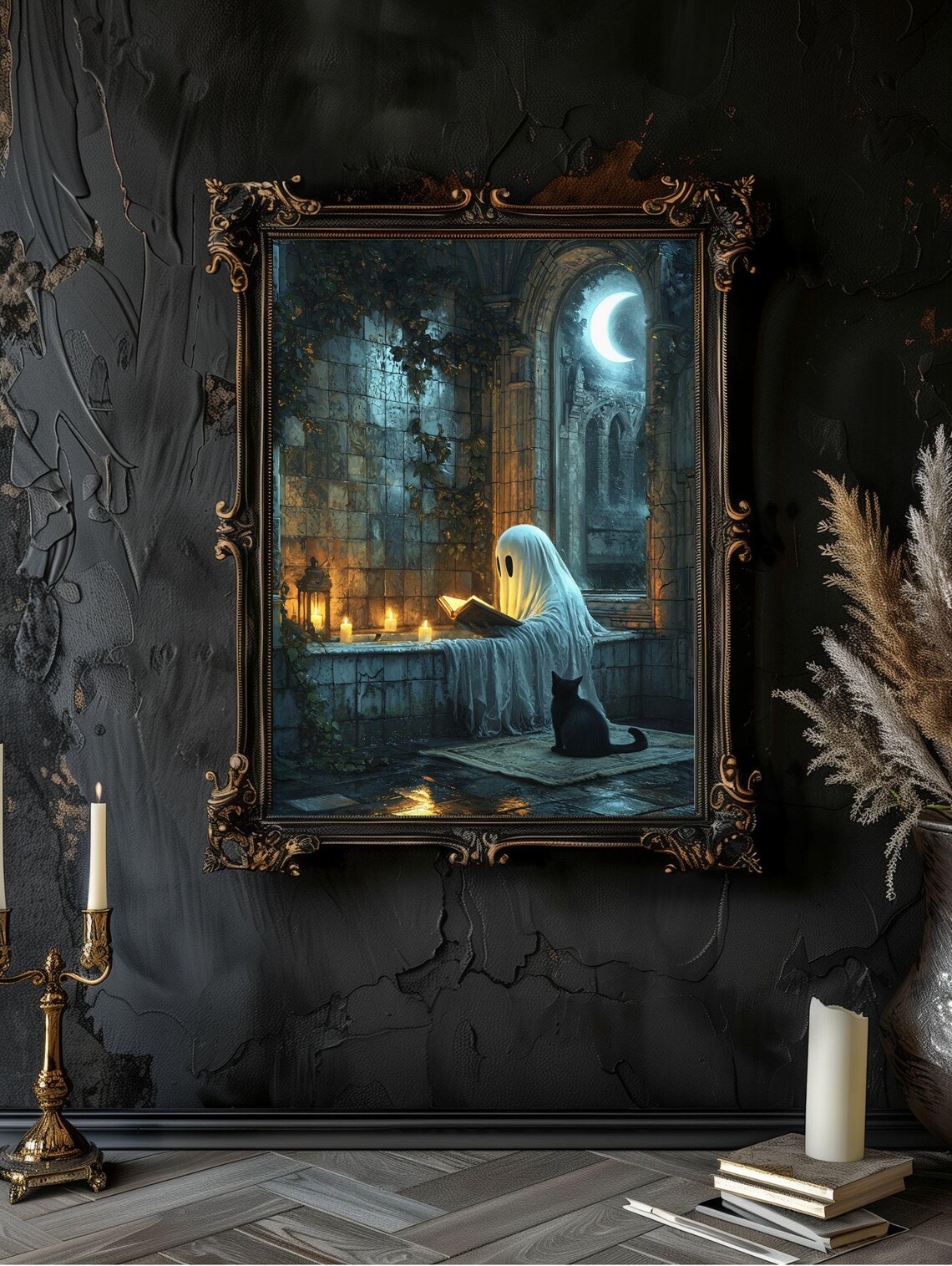 Draped Ghost Reading by Candlelight With a Black Cat in a Gothic Chapel Poster - Image 6