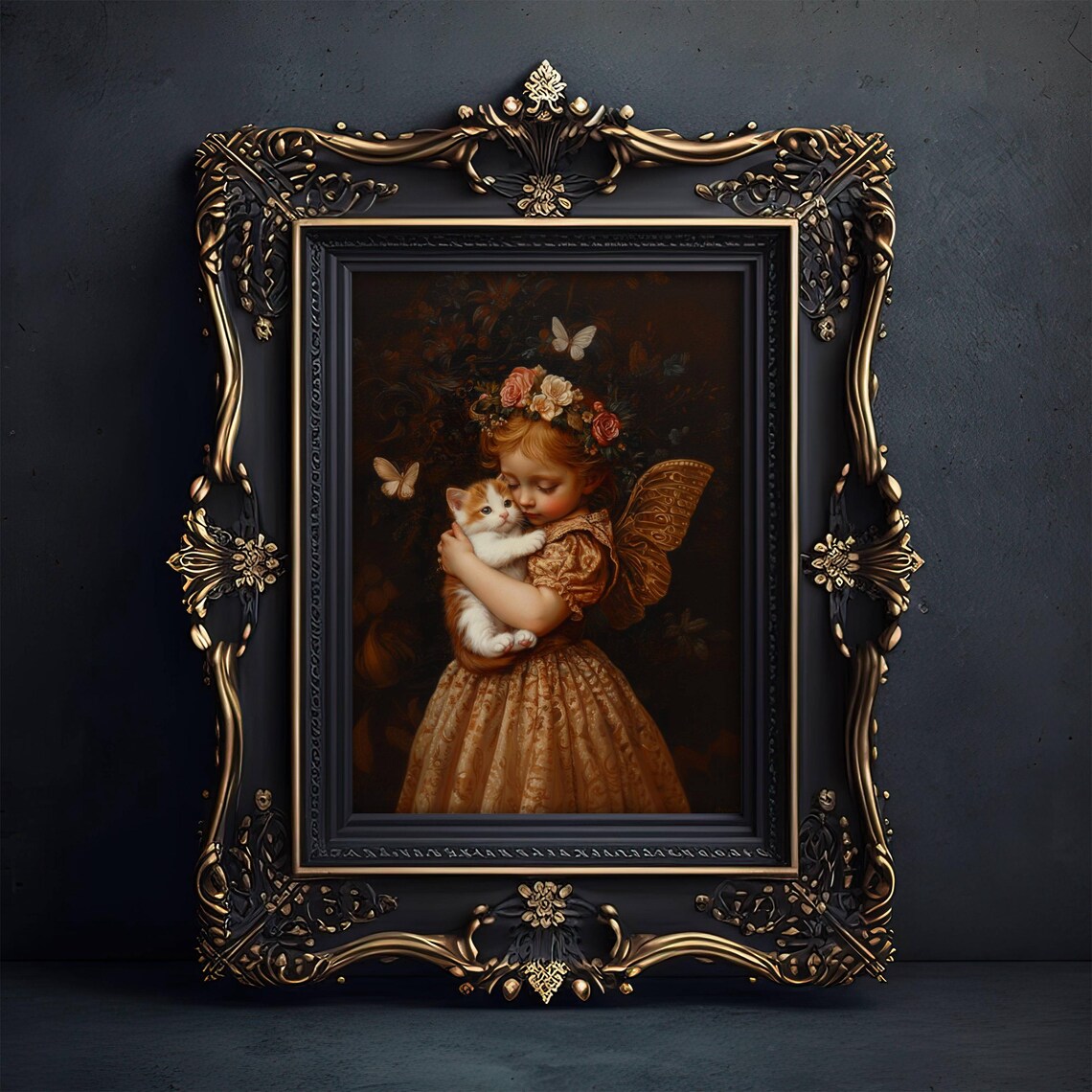 Victorian Fairy Girl Hugging a Kitten Among Butterflies Poster - Image 2