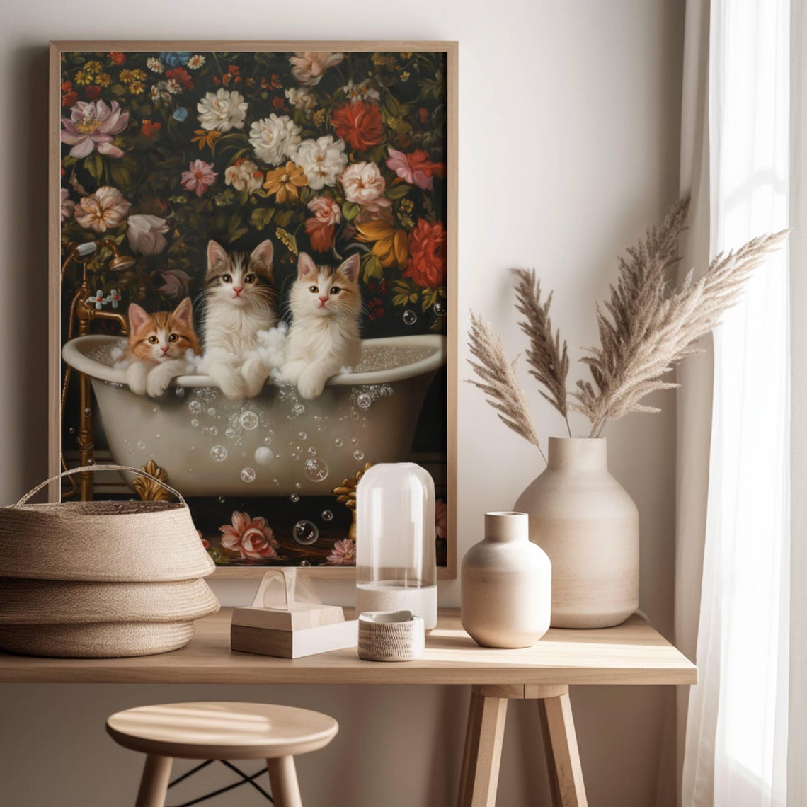 Three Cute Kittens In A Bubble Bath Vintage Floral Art Poster - Image 3