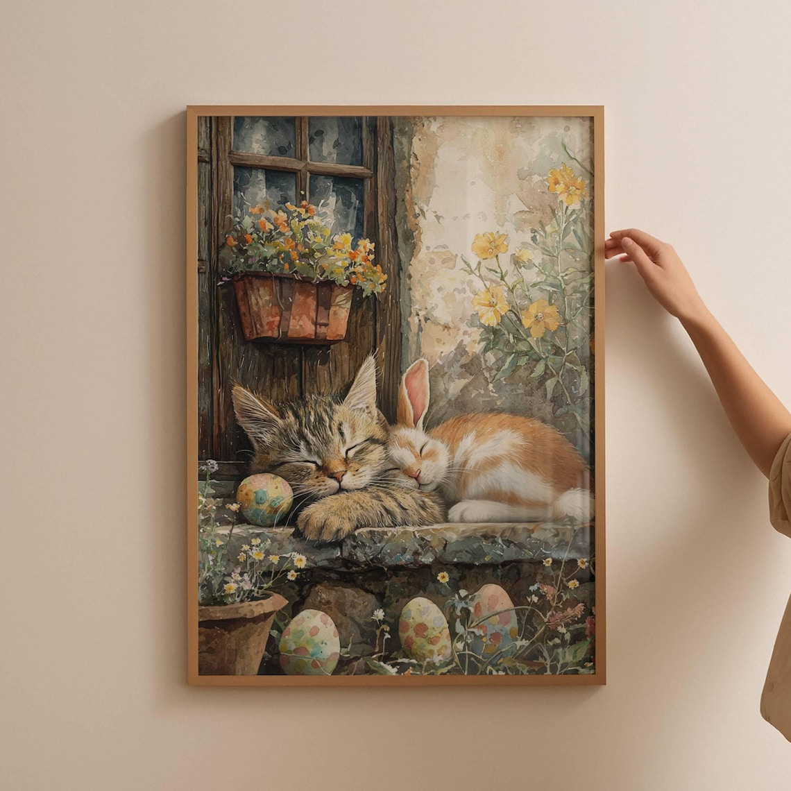 Easter Sleeping Tabby Cat and Bunny Art Print - Image 2