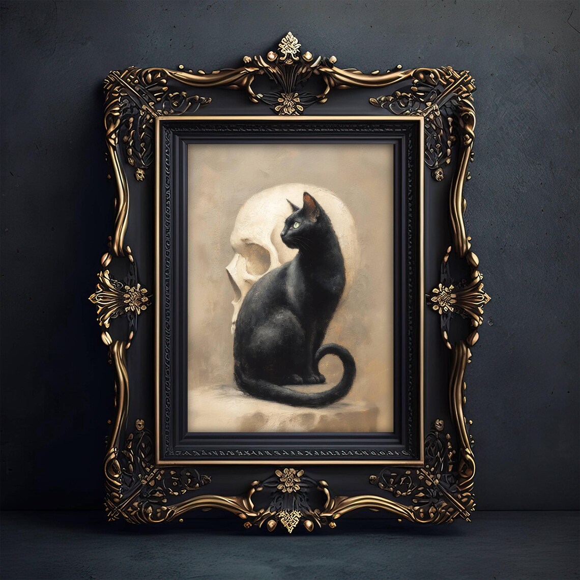 Black Cat and Skull Gothic Halloween Art Print