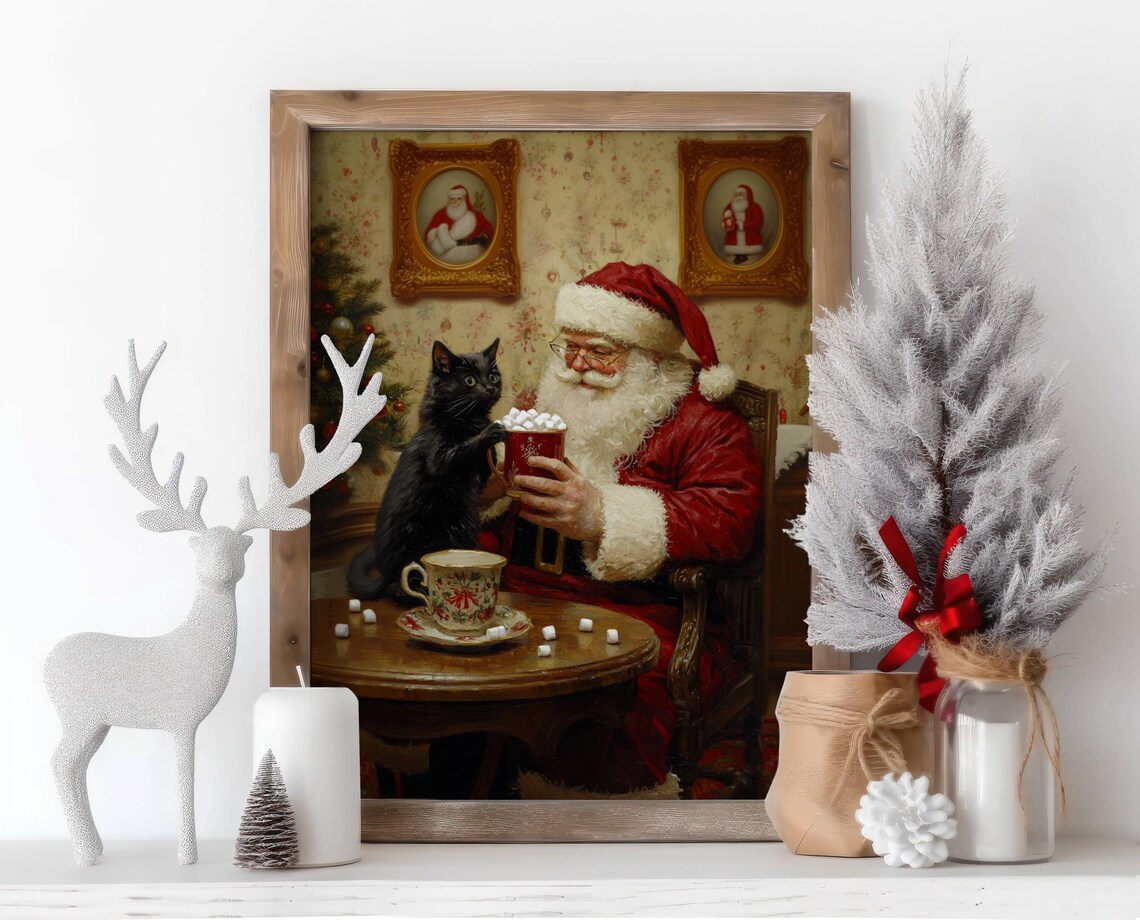 Santa Claus and Black Cat Christmas Art Print - Image 4