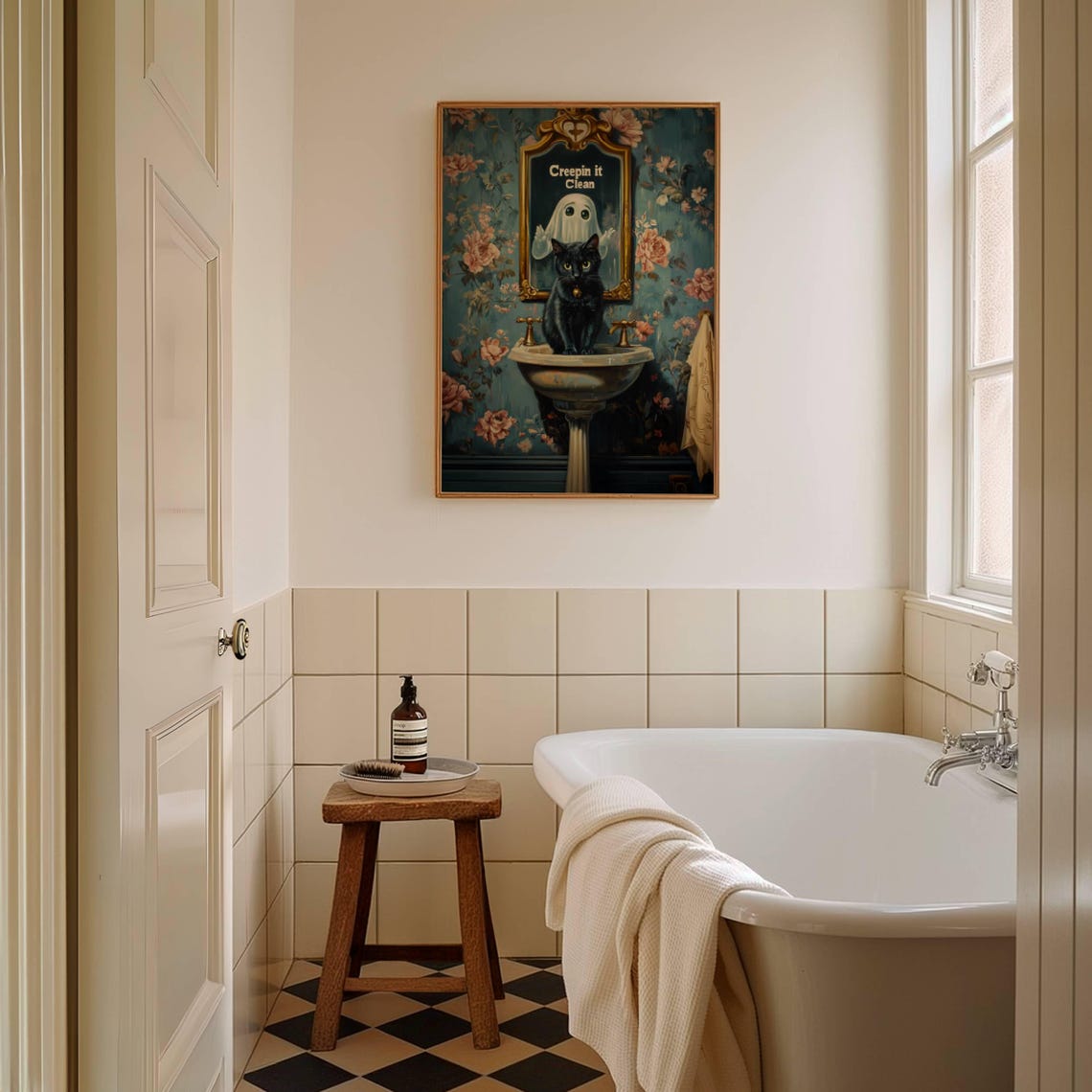 Creepin It Clean Funny Ghost and Black Cat Bathroom Sink Poster - Image 3