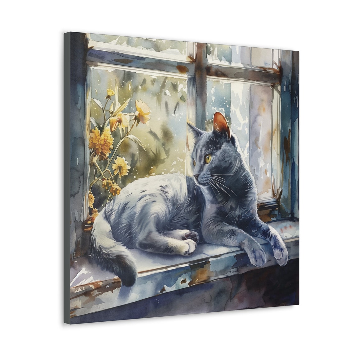 Russian Blue Gray Cat Lounging on Sunny Windowsill Watercolor Poster - Image 6