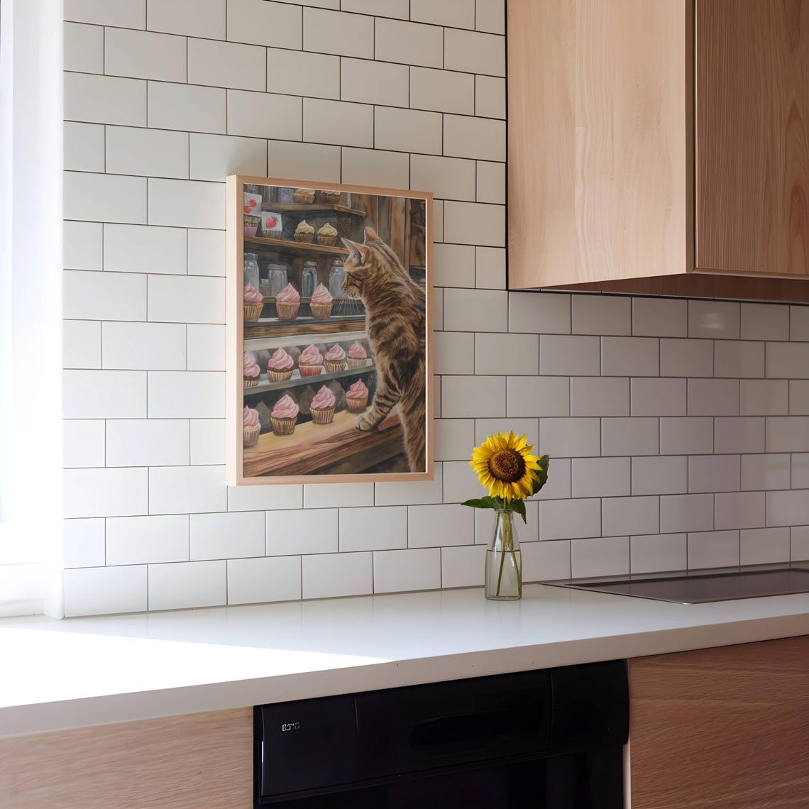 Tabby Cat Gazing at Pink Cupcakes in Bakery Display Watercolor Poster - Image 6