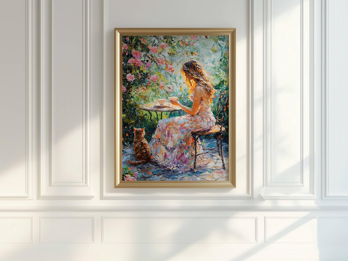 Woman And Cat Garden Tea Party Poster, Spring Floral - Image 2