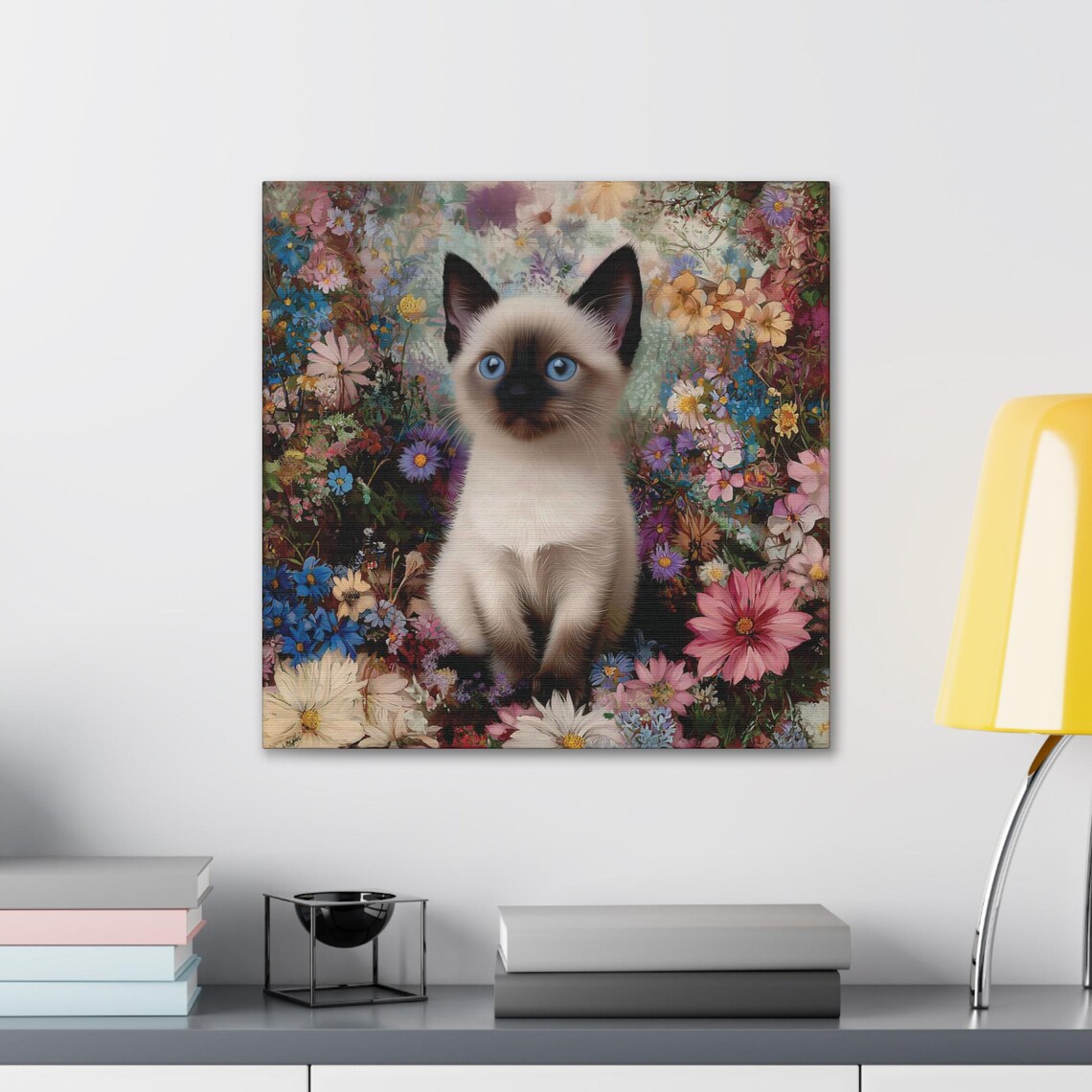 Blue-Eyed Siamese Kitten Sitting in a Burst of Colorful Spring Wildflowers Poster - Image 3