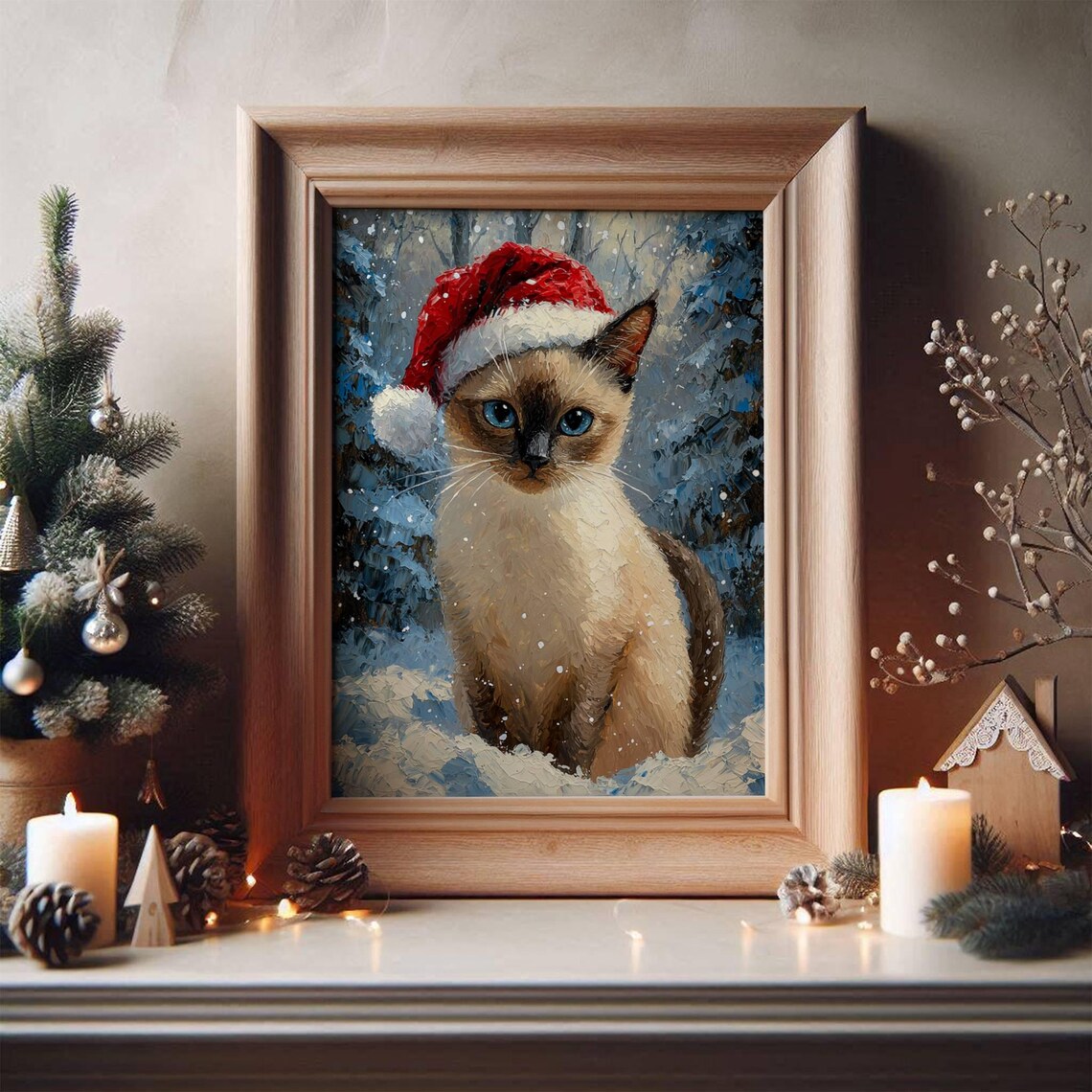 Siamese Kitten In Santa Hat Christmas Art Print - Image 6